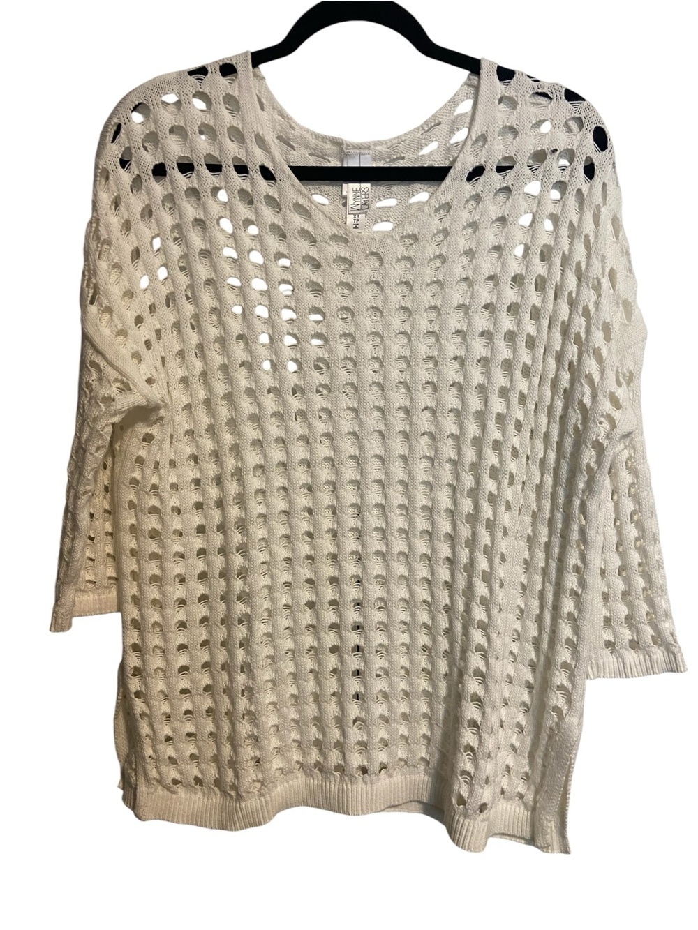 MarlaWynne Cotton Open Stitch Pull On 3/4 Sleeve Sweater White XS Euro Summer